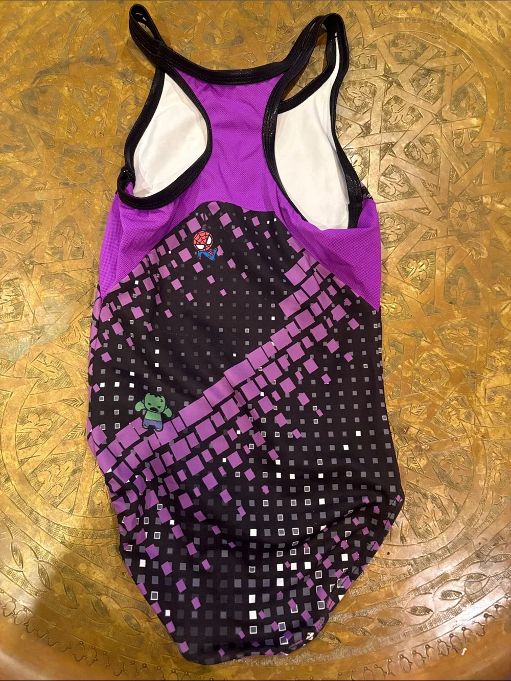 Marvel Girls' Purple and Black Pixel-Print One-Piece Swimwear